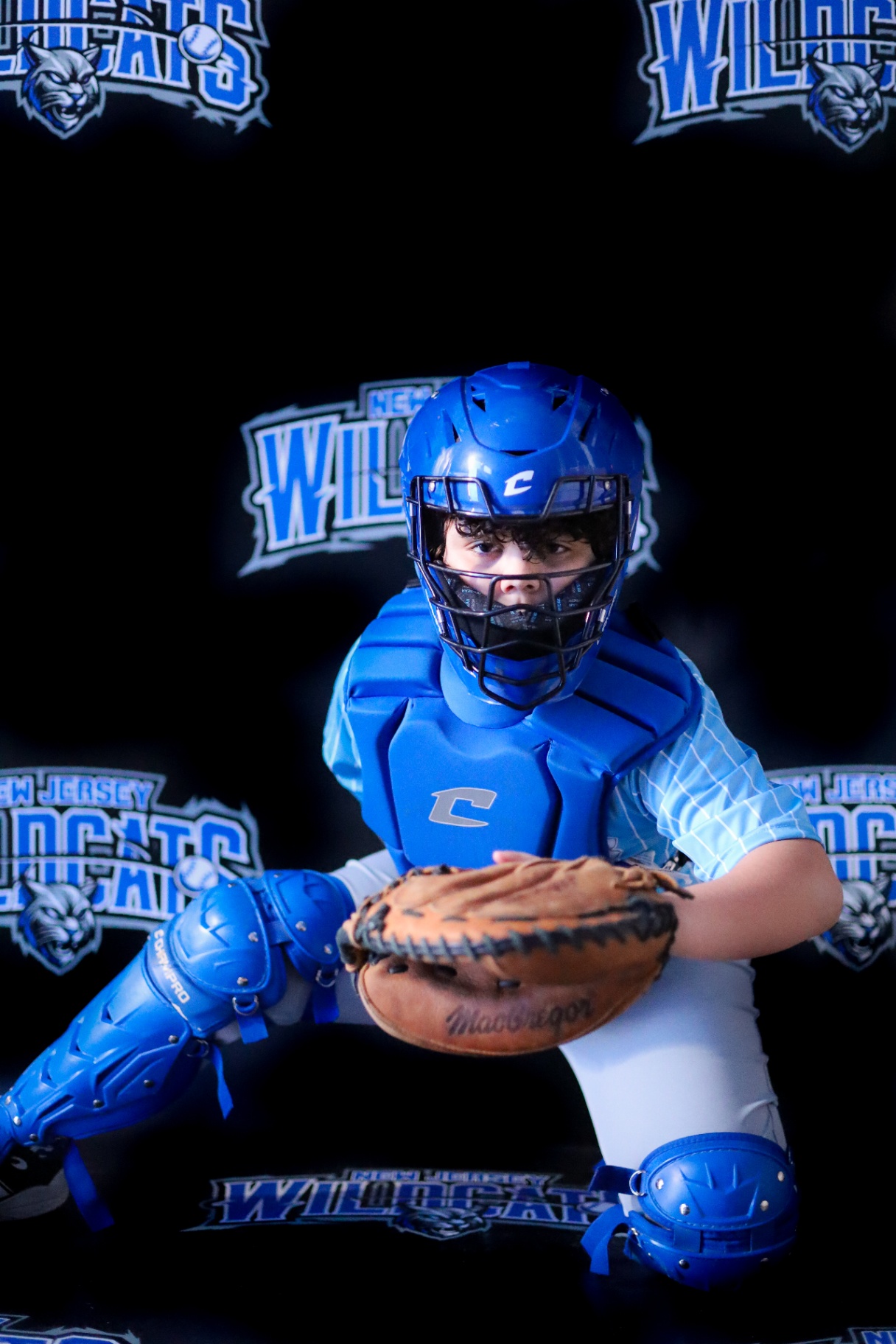 Catcher crouched behind the plate in blue protective gear
