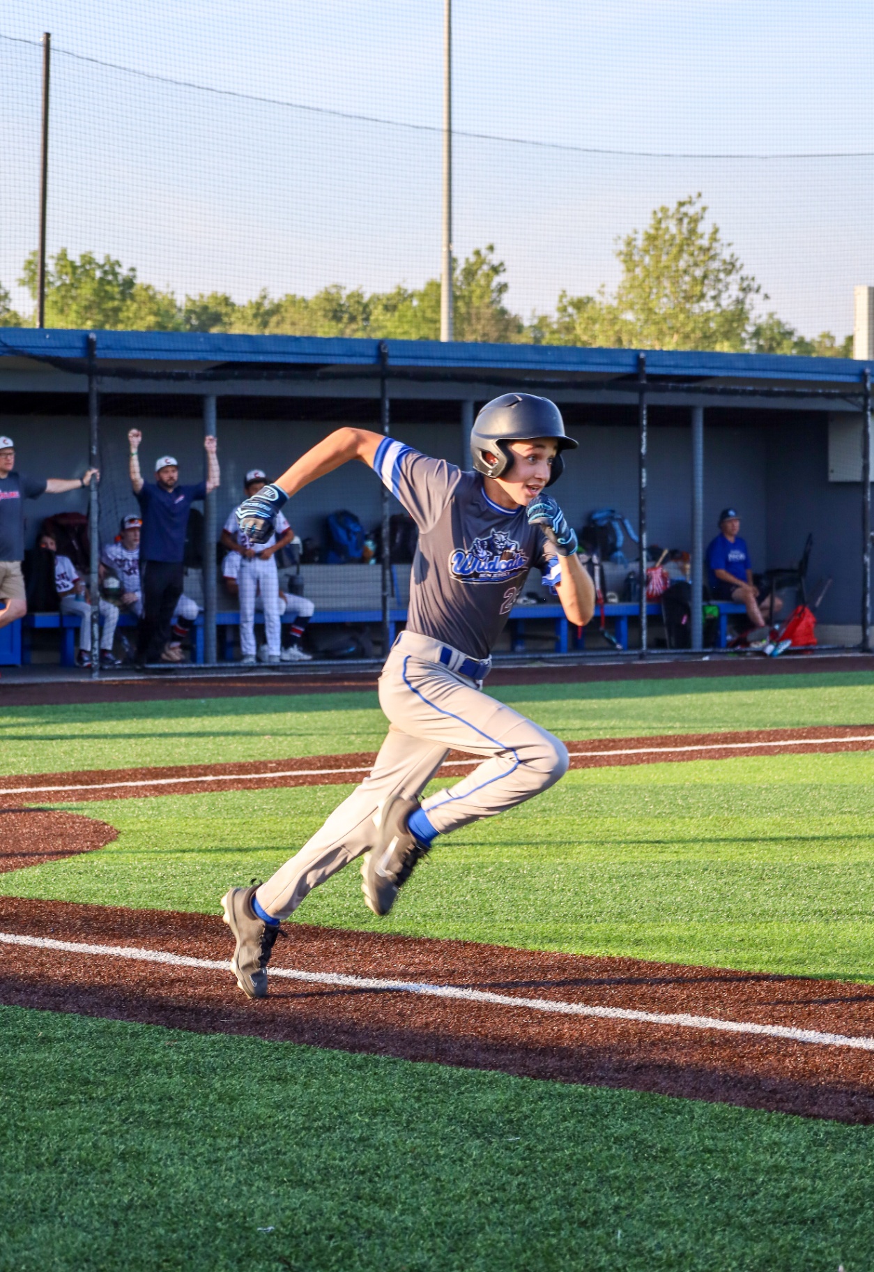 Wildcats baseball player sprinting out of the batter's box as the dugout cheers