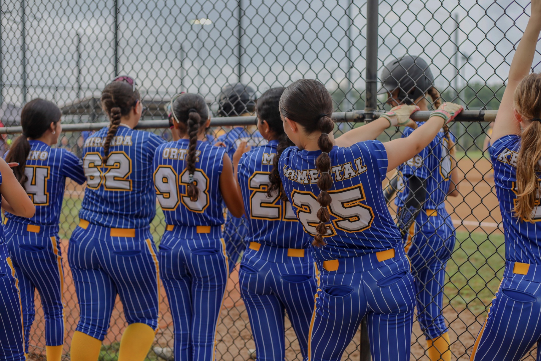 Softball team in blue pinstripe uniforms lined up along the dugout fence