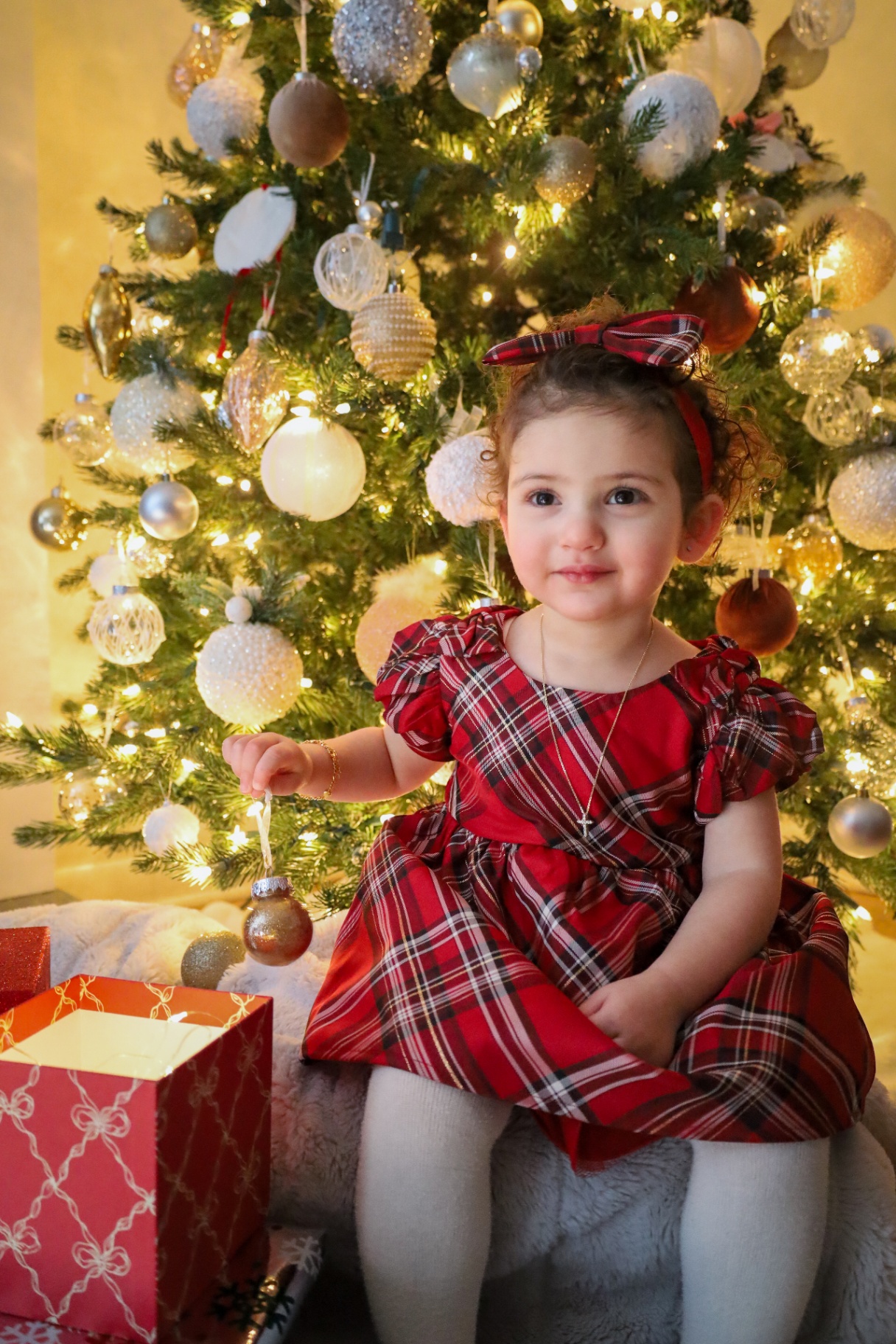 Toddler in a red plaid dress smiling beside a glowing Christmas tree